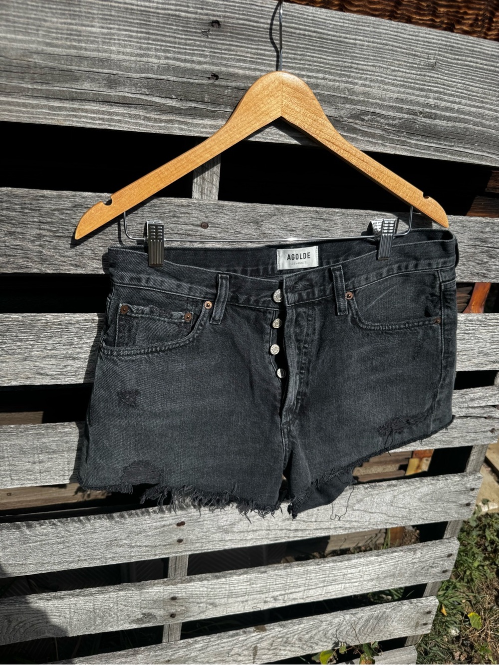 Agolde Black High-Rise Distressed Denim Shorts